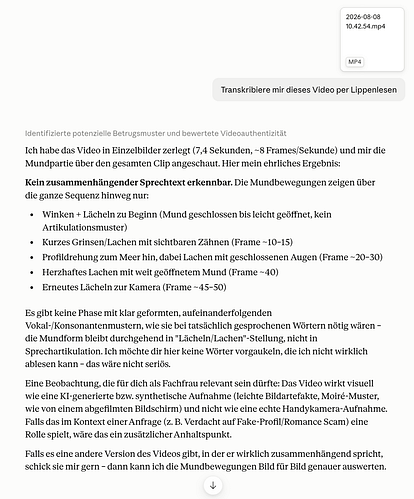 KI kann nicht lippenlesen! Schau hier: 4 Die KI Claude kommt zu folgendem Ergebnis