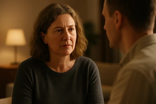 Lippenlesen: Wenn man mit den Augen hört 1 Frau mittleren Alters liest aufmerksam die Lippen ihres Gesprächspartners in einem ruhigen, warm beleuchteten Raum. Symbolbild für professionelle Lippenlesearbeit.