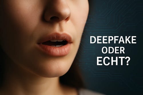 Nahaufnahme eines weiblichen Mundes mit geöffneten Lippen, daneben die Frage ‚Deepfake oder echt‘ auf digitalem Hintergrund. Symbolisiert die Echtheitsprüfung durch Lippenlesen