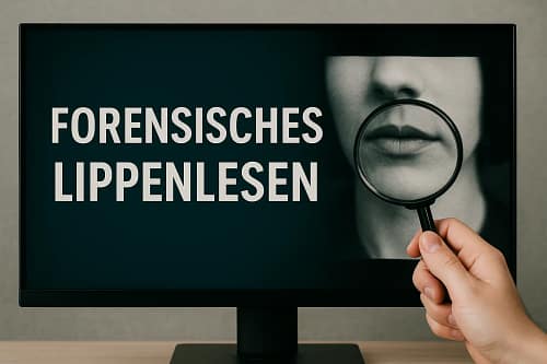 Forensisches Lippenlesen – Sprache sichtbar gemacht 1 Bildschirm mit dem Text „Forensisches Lippenlesen“ und einer Lupe, die Lippen auf einem Schwarz-Weiß-Foto vergrößert – Symbolbild für visuelle Sprachanalyse ohne Ton